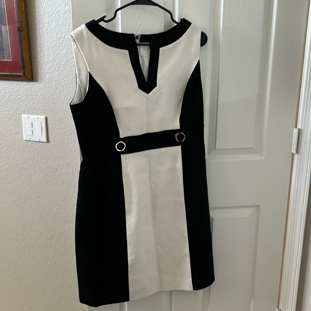 Tahari women’s sleeveless dress. Slimming black sides.